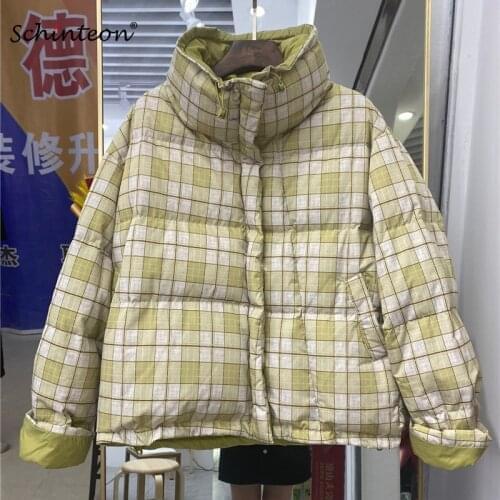 Schinteon Women 90% White Duck Down Jacket Plaid Autumn Winter Warm Short Outwear Casual Oversize Coat New 2021