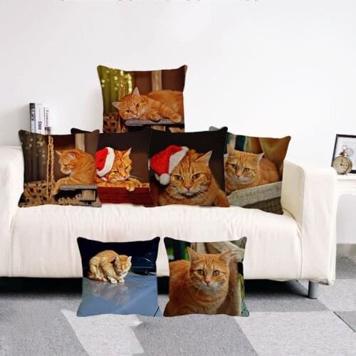 XUNYU 45cm*45cm Cute Pet Orange Cat Cushion Cover Decorative Pillow Case Linen Cushion Cover Sofa Throw Pillowcase C001