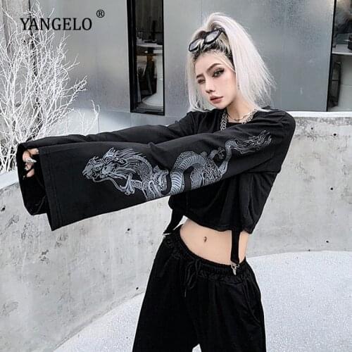 Yangelo Harajuku Long Sleeve T-shirt Womens Spring Autumn 2021 New Design Dragon Print Girls Y2k Tops Loose Black Pullover