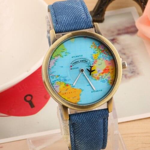 Women Watches Quartz Watch Fashion Global World Map Plane Imitation Denim Fabric Bracelet Casual Ladies Clocks Wristwatches Gift