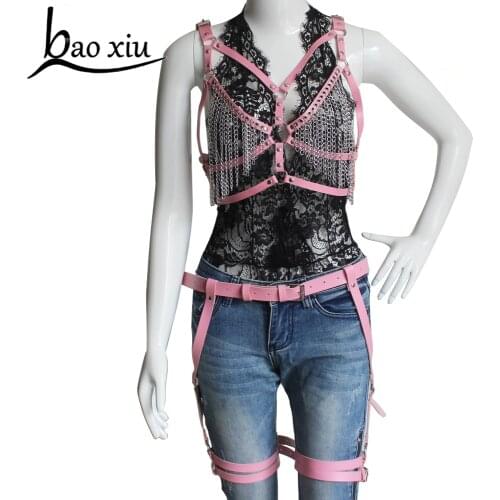 Punk Goth BDSM Lingerie Bondage Body Harness Tassel Chain Belt Sexy Garters Chest Straps Womens Suspenders Leather Belt Set