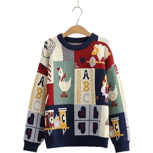 YUPINCIAGA Womens Cute Duck Letter Retro Jacquard Pullover Sweater Japanese Loose Student Knit Top Thick Warm Sweaters