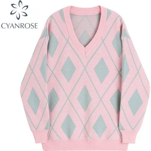 Knitted Top Autumn Sweaters Clothes Women 2021 V Neck Oversized Argyle Sweater Long Sleeve Top Korea Fashion Pullover Streetwear