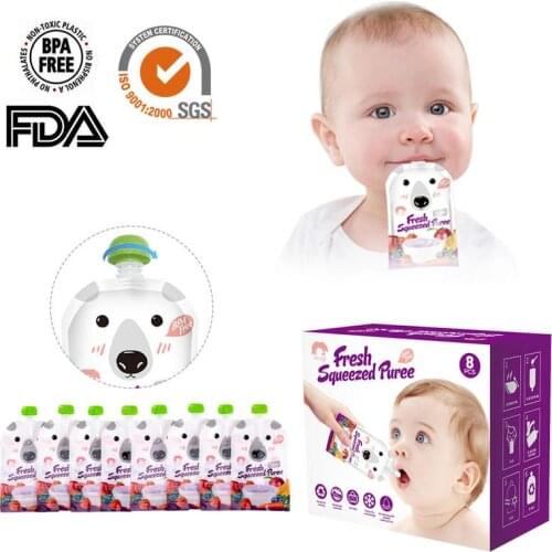 4PCS/8pcs/pack Cartoon 200ML Kids Storage Bag Breast Milk Bag Reusable Baby Food Pouch Infant Double Zipper Feeding Bags