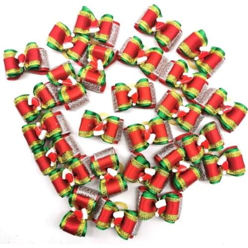 50/100Pcs Christmas Dog Bows with Rubber Bands Pet Dog Xmas Party Hair Bows Grooming Accessories Puppy Dog Accessories Dog Bows