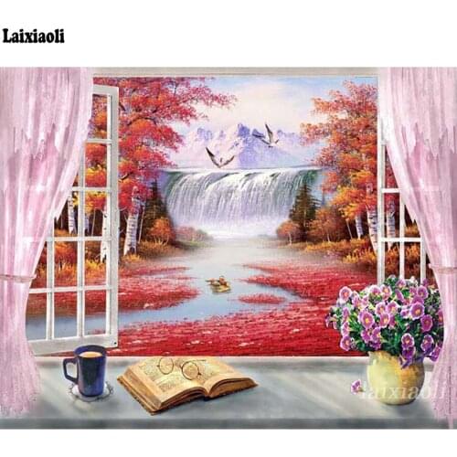 5d diy Diamond Painting Autumn red Tree Window Landscape full square round diamond embroidery mosaic waterfall home Decoration