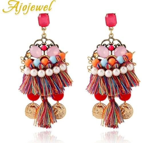 Ajojewel Coin Ethnic Bohemian Earrings For Women Colored Silk Thread Tassel Drop Earrings Bijoux Cute Gift