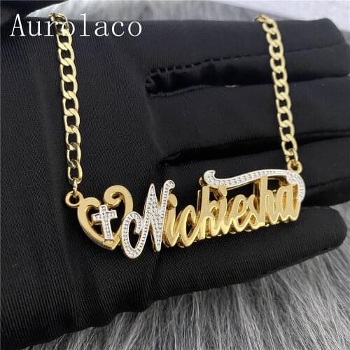 AurolaCo Custom Name Necklace Personality Stainless Steel Gold Nameplate Pendant Necklace Jewelry for Women Gifts