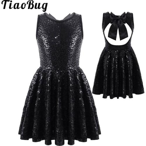 Kids Girls Sequins Hollow Back Bowknot Leotards Gymnastics Professional Ballet Tutu Dress Modern Jazz Lyrical Dancing Costume