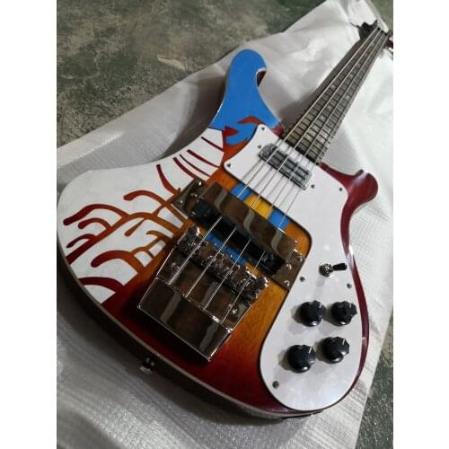 Free shipping order 4 strings bass guitar, Cherry Sunburst 4003 Bass ,maple neck through body,chrome buttons,white pickupboard