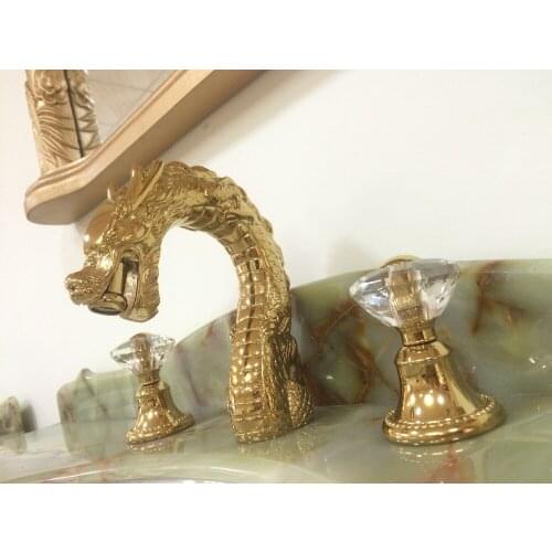 Free ship Gold PVD color 3 Pcs 8" WIDESPREAD LAVATORY BATHROOM SINK DRAGON FAUCET mixer tap Crystal handles deck mounted