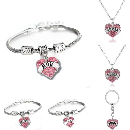 Family Mom NANA Grandma Blessed Pink Crystal Rhinestone Heart Bracelets Love Beads Bangles Women Birthday Xmas Gifts Jewelry Hot