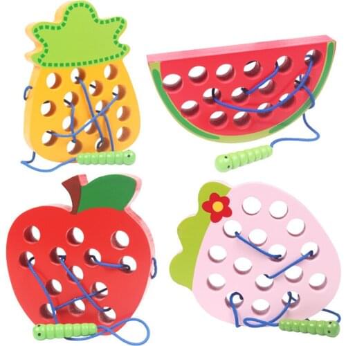 Children Wooden Worm Eat Fruit Apple Pear Maze Game Threading Rope Early Learning Teaching Aids Math Toy Kids Wood Puzzle Toys