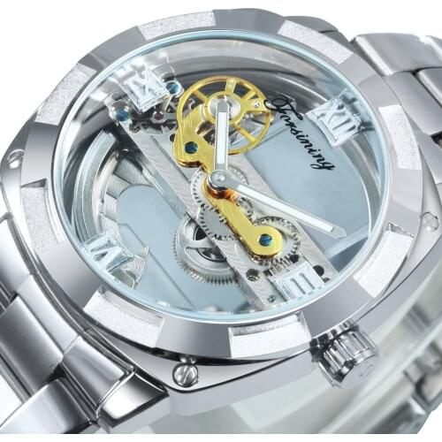 Forsining Men Transparent Design Mechanical Watch Men Automatic Gold Square Gear Skeleton Watches Mens Stainless Steel Belts