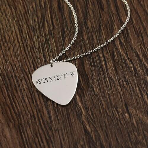 Engraving Longitude Latitude Guitar Pick Pendent Necklace Stamped Personalized Message 925 Solid Silver Jewelry Gift