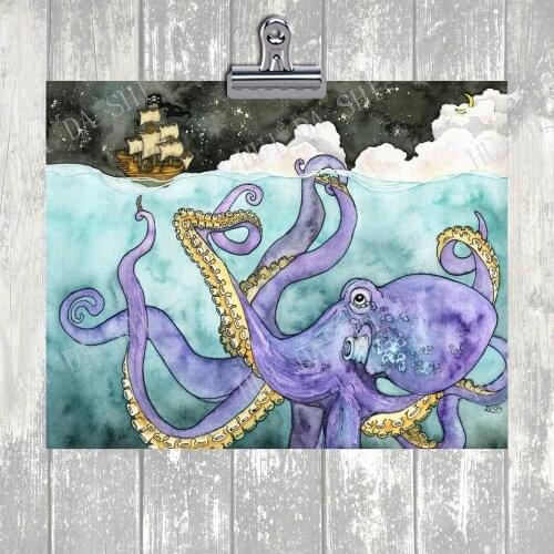Octopus and Ship Painting - Print of Octopus, Pirate Ship Painting, Octopus Art, Pirate Print, Nursery Art, Beach Art