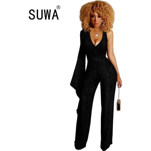 Shiny Striped Spliced Evening Party Jumpsuit Women Deep V Neck Single Flare Sleeve Wide Leg Pants Elegant Full Length Overalls