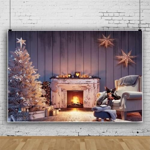 Laeacco Wooden Fireplace Christmas Tree Backdrops Interior Sofa Poster Star Light Decor Child Photocall Photographic Background