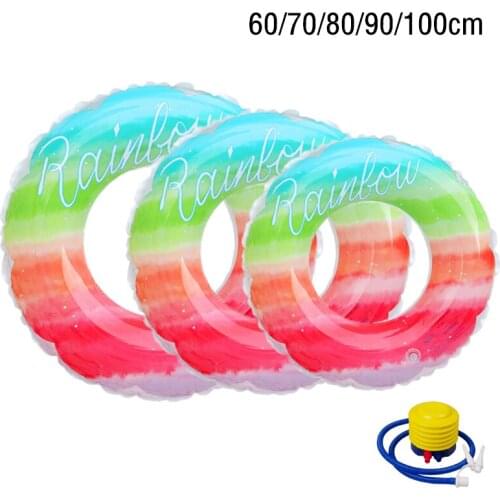 Inflatable Rainbow Swimming Ring Summer Beach Pool Float Swim Circle for Adult Children PVC Seat Ring with Inflator