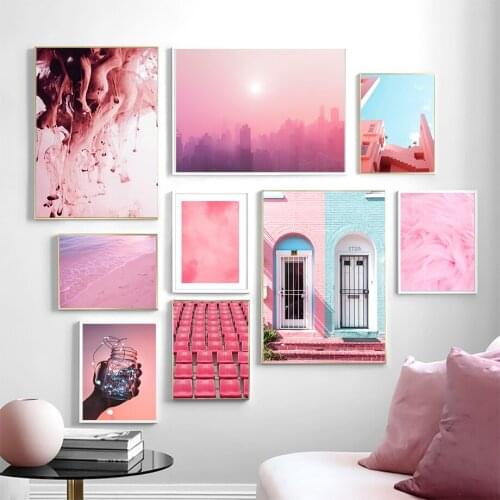 Pink Sky New York City Beach Door Feather Wall Art Canvas Painting Nordic Posters And Prints Wall Pictures For Living Room Decor