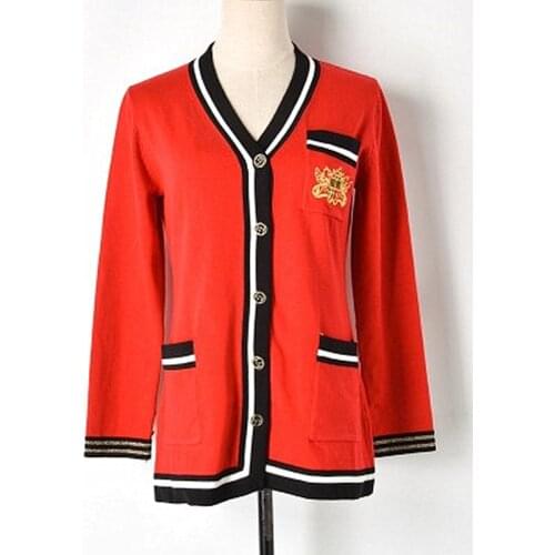 2018 Autumn And Winter New Color Matching V-neck Metal Buckle Three-pocket Knit Sweater Womens Outside Cardigan V-neck