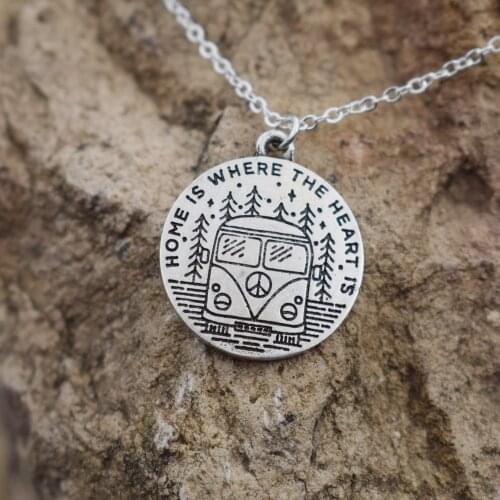 Bus travel in the forst pine tree home is where the heart is camping necklace for travel lover gift SanLan