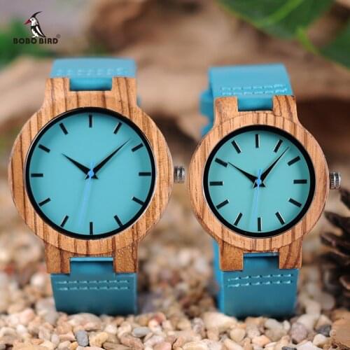 Couple Watch BOBO BIRD Zebra Wooden Genuine Leather Strap Quartz Watches Simple Blue Dial With Environmental Gift Box