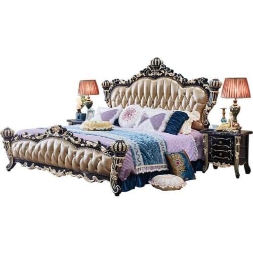 Luxurious European bedroom furniture Crown solid wood bed ebony double bed princess bed