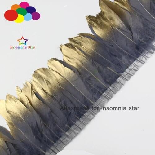 Dark grey plumas faisan colores view 2 Meter Goose fringe paint gold tips Feathers Trims with Satin Ribbon Tape center dress