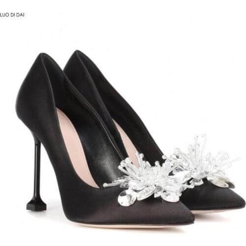 2019 New women wedding shoes thin heel party shoes diamond stud pumps point toe satin high heels Cinderella shoes