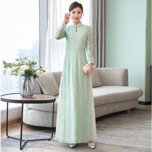 Spring New Improved Version Simple Solid Color Slim Cheongsam Maxi Dress Chinese Stand Collar Elegant Banquet Gown