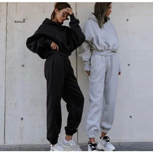 Women Fashion Casual Wear Pullover Hoodie Long Sleeve Sweater Fleece Warm Suit Running Solid Sport Pants Lady Set