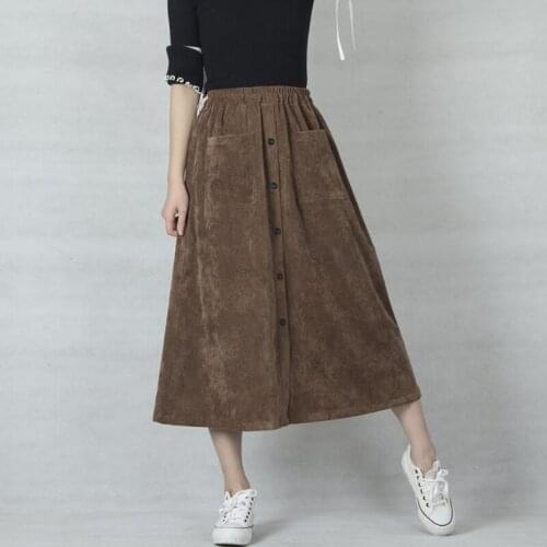 2021 Autumn Winter Elastic Wasit Corduroy Skirt Female Vintage High Waist Long Skirt A-line Skirt Skirts Women S454