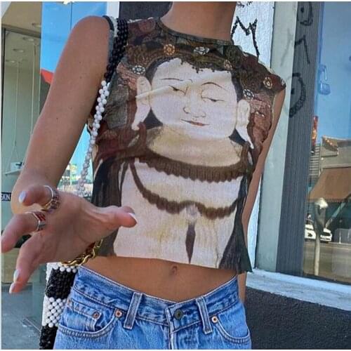 Womens Stretchy Printed Tank Tops Summer Sleeveless Crew Neck Buddha Print Slim Fit Tops