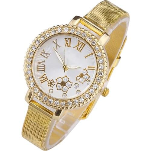 Gnova Platinum Golden Silver color band Rhinestone Luxury Roman Flower Dial Metal Watch Women wristwatch casual dress reloj