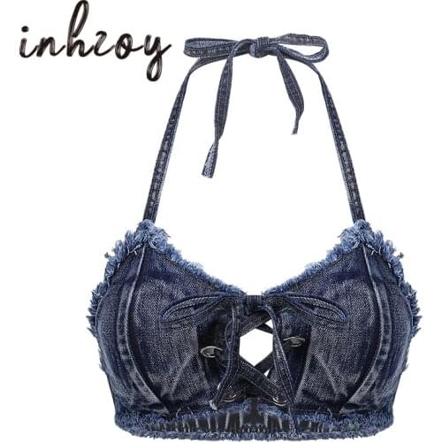 Women Halter Denim Sexy Tank Crop Tops Bikini Bra Vest Sleeveless Backless Lace-Up Bustier Female Clothing Rave Party Clubwear