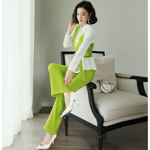 Women 2021 Spring New Two-piece Sets Female Single Breasted Patchwork Shirts Ladies Solid Color Loose Straight Pants Suits M23