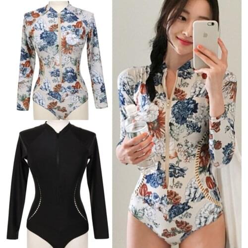 Rashguard Women Swimwear Long Sleeve Surf Bodysuit Floral Printed One-piece Swimsuit Tights Diving Windsurfing Suit Paddle