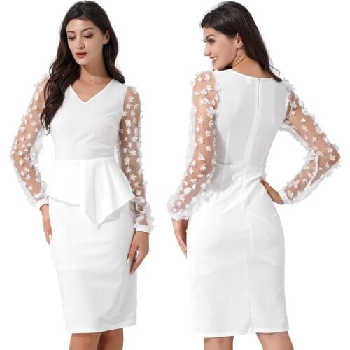 Fashion Pencil Dress Women Elegant Lace Mesh Pure Color Bodycon V Neck Appliques Long Sleeve Knee Length Dress for Party Wedding