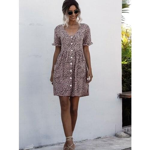 2021 Ladies Summer Dress Floral Polka Dot Print Pleated Butterfly Dress Short Sleeve Casual Loose Mini V Neck Dress Women