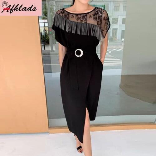 Embroidered Mesh Patchwork Tassel Chain With Belt High Waist Split Dress Solid Color Womens Summer New Bodycon Long Dress