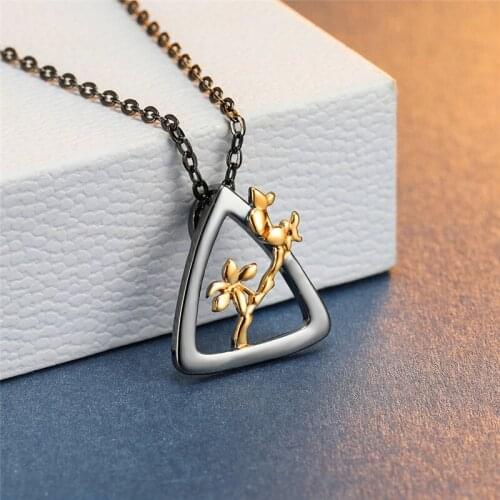 Vintage Black Triangle Gold Flower Pendant Necklaces For Women Retro Fashion Black Gold Jewelry Female Chain Necklace Party Gift