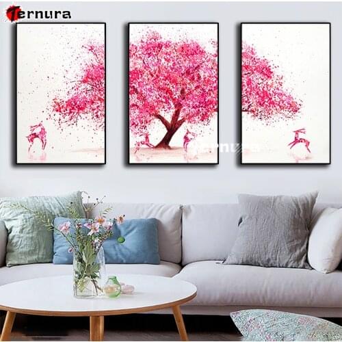 Pink tree Diamond Painting Flower branch Golden Deer Diamond Embroidery Animals Mosaic Rhinestone Northern Europe Handmade 3PCS