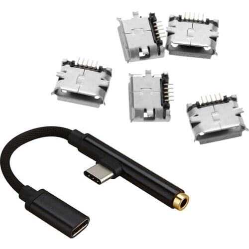 5 Pcs Micro-B USB Female Connector with 2In1 Type-C to USB-C Jack Aux Earphone Cable Adapter for Huawei P20 Xiaomi