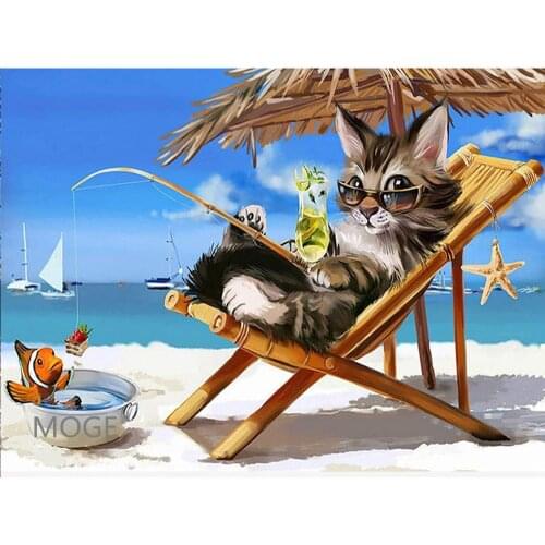 Beach Fishing cat DIY diamond Painted kit diamond Marsek Animal Cat with full diamond embroidered wall decoration