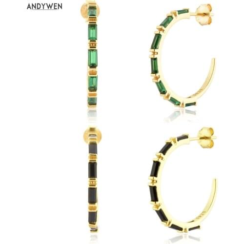 ANDYWEN New 925 Sterling Silver Gold 19mm Big Hoops Square Zircon Green Black Piercing Hoops Earring Rock Punk Big Large Jewelry