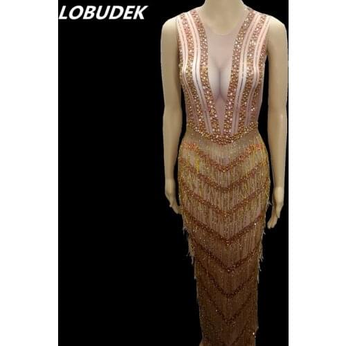 Shiny Gold Rhinestones Fringe Dress Women Sleeveless Tassel Birthday Party Dress Luxury Floor Length Skinny Dress Singer Costume