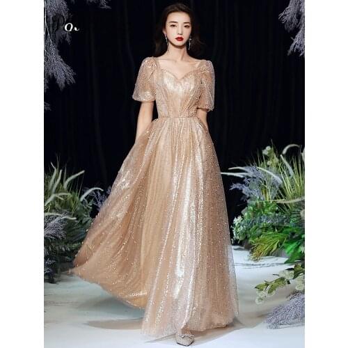Long Evening Dresses 2021 Elegant Sweetheart A-line Floor-length Simple Beaded Lace Women Prom Gowns With Short Sleeves