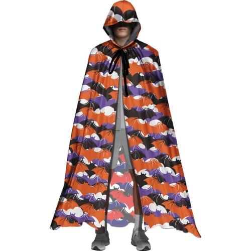 Halloween Bat Spider Pattern Loose Hooded Cloak for Womens and Mens Vampier Witch Capes Adult Unisex Masquerade Cosplay Costume