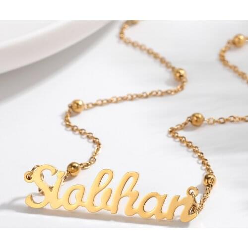 MYDIY Personalized Nameplate Pendant Womens Stainless Steel Jewelry Name Necklace Gold Bead Chain Choker Jewelry Handmade Gifts